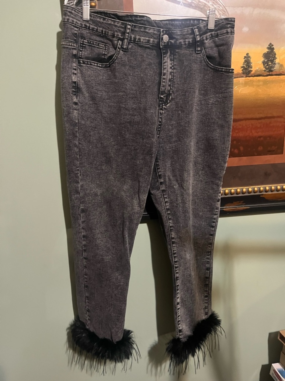 SHEIN Black Acid-Wash Skinny Jeans with Faux-Fur Hem